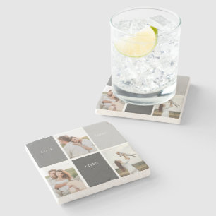 Love Lives Here Three Photo Family Gift Stone Coaster