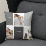 Love Lives Here | Three Photo Family Gift Throw Pillow<br><div class="desc">Presenting a heartwarming and personalized gift that celebrates the essence of family, featuring a beautiful grey frame adorned with a touching "Love Lives Here" quote and three cherished photos. Every time the recipient catches a glimpse of this remarkable gift, their heart will be filled with fond memories and a profound...</div>