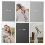 Love Lives Here | Three Photo Family Gift Tile<br><div class="desc">Presenting a heartwarming and personalized gift that celebrates the essence of family, featuring a beautiful grey frame adorned with a touching "Love Lives Here" quote and three cherished photos. Every time the recipient catches a glimpse of this remarkable gift, their heart will be filled with fond memories and a profound...</div>