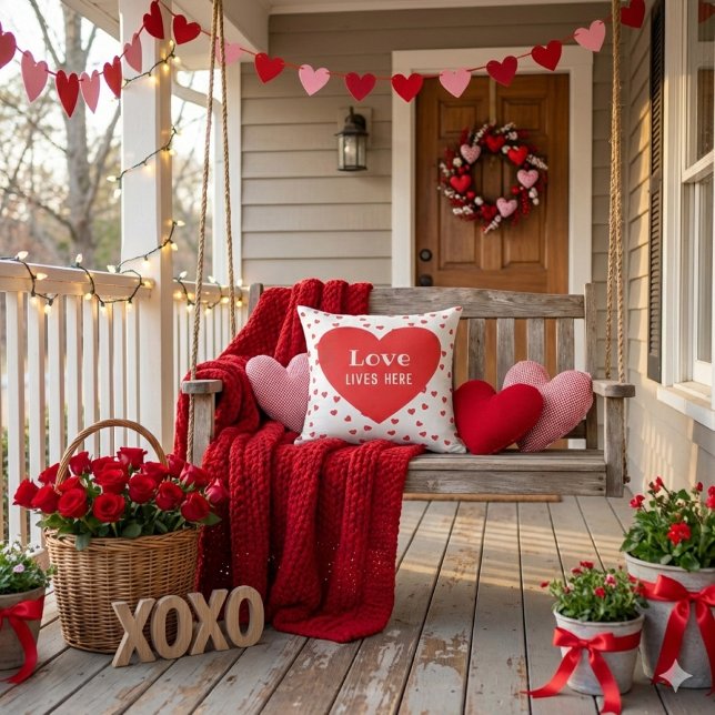 Love Lives Here Valentine's Day Outdoor Pillow (Love Valentine's Day porch pillow.)