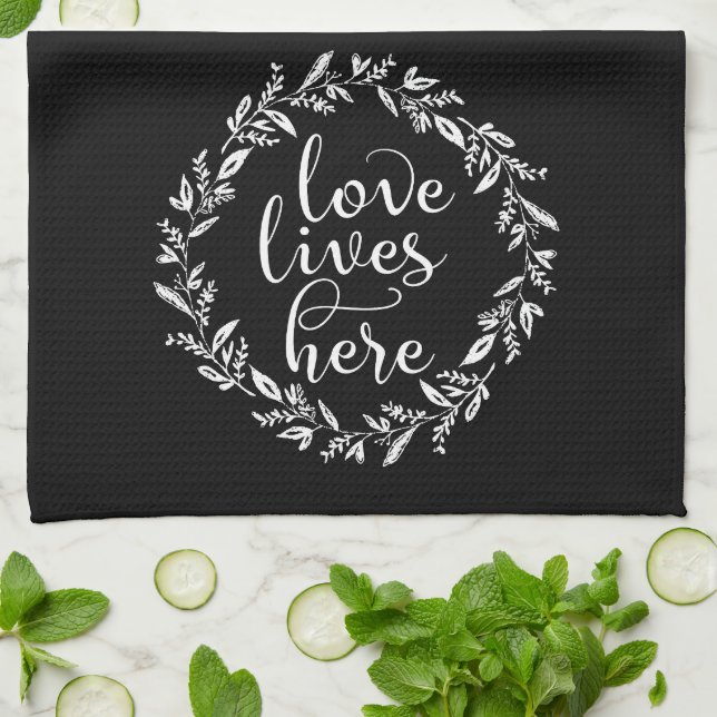 Love Lives Here Wreath Kitchen Towel (Folded)