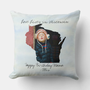 Love Lives In Wisconsin State Shaped Custom Photo Throw Pillow