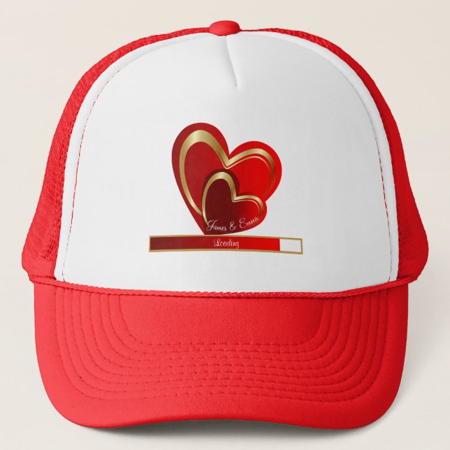 Love Loading Red Hearts Customizable Girlfriend Trucker Hat (Front)