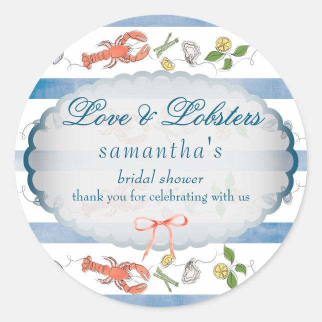 Love & Lobster Coquette Bow Wedding Bridal Shower Classic Round Sticker (Front)