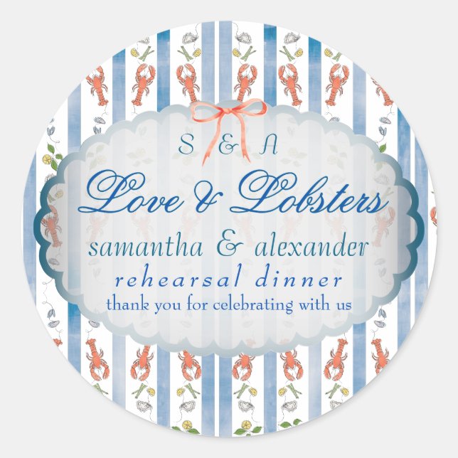 Love & Lobster Coquette Wedding Rehearsal Dinner Classic Round Sticker (Front)