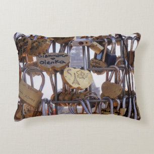 Love Locks and Eiffel Tower. Paris. France. Round  Accent Pillow