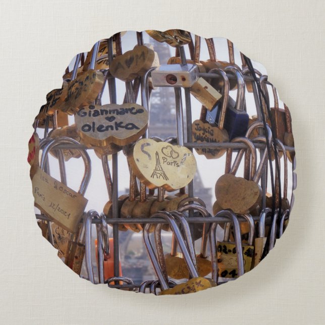 Love Locks and Eiffel Tower. Paris. France. Round Pillow (Front)