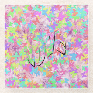Love Logo On Pastel Butterflies, Glass Coaster