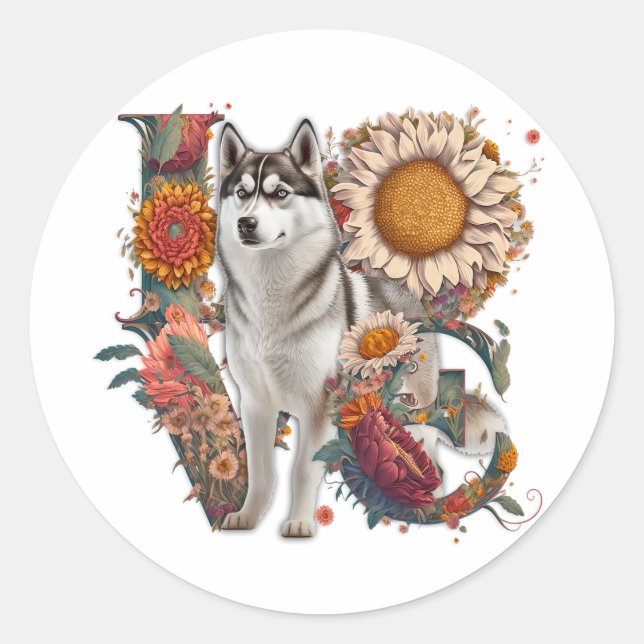 LOVE Made of Husky Sunflower Wildflower Classic Round Sticker (Front)