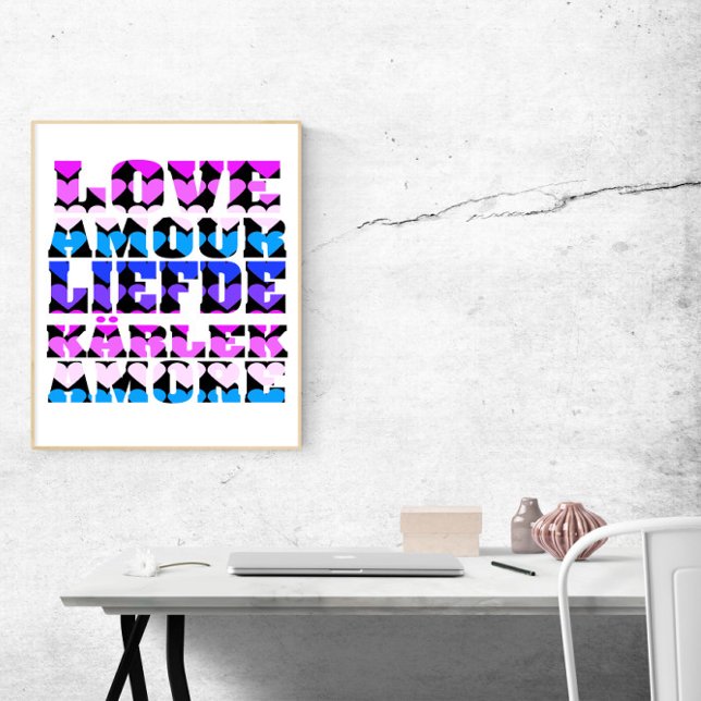 Love Many Languages Hearts Pink Purple Blue Black Poster (A poster that says love in French, English, Dutch and more!)