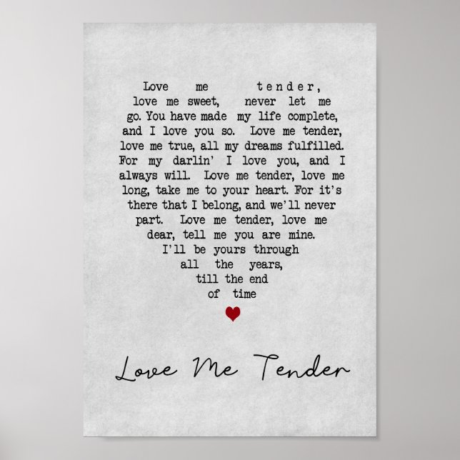 Love Me Tender Grey Heart Song Lyric Print (Front)
