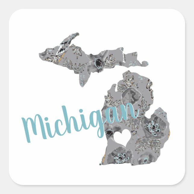 Love Michigan Floral Filled Silhouette Square Sticker (Front)