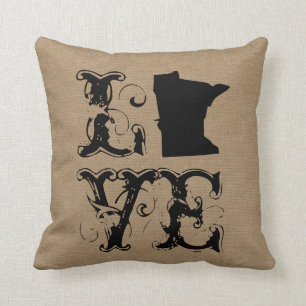 Love Minnesota state rustic chic burlap vintage Throw Pillow