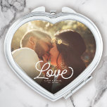 LOVE Modern Calligraphy Simple Photo Wedding Makeup Mirror<br><div class="desc">Modern wedding keepsake or guest gift for Newlyweds,  Valentine's Day showcasing your favourite engagement photo with modern script calligraphy reading LOVE over your custom names and date over a dark gradient to make the typography stand out.</div>