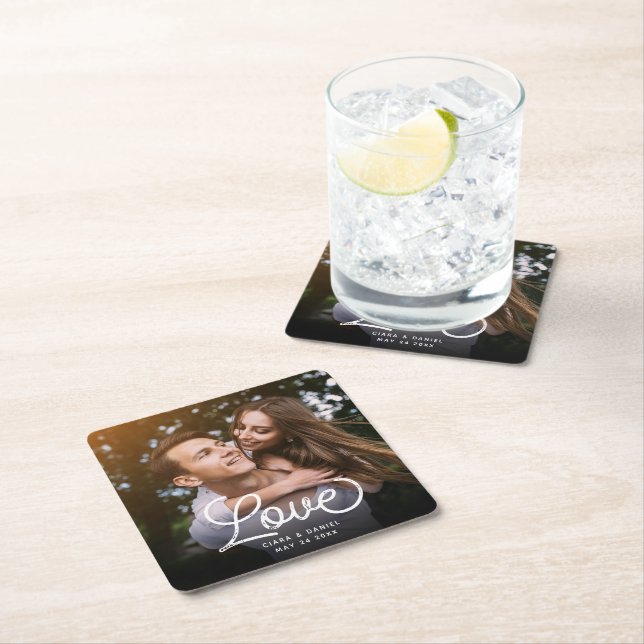 LOVE Modern Calligraphy Simple Photo Wedding Square Paper Coaster (Insitu)