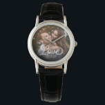 LOVE Modern Calligraphy Simple Photo Wedding Watch<br><div class="desc">Modern wedding keepsake or beautiful custom gift for newlywed bride or Valentine's Day showcasing your favourite engagement photo with modern script calligraphy reading LOVE over your custom names and date over a dark gradient to make the typography stand out.</div>