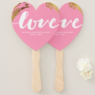 Love Modern Gold Foil Pink Typography Wedding Hand Fan