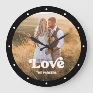 Love Modern Script with Photo Black and White Large Clock