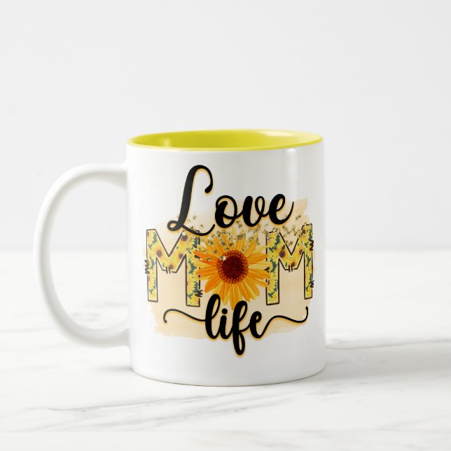 Love Mom Life Sunflower Modern Two-Tone Coffee Mug (Left)