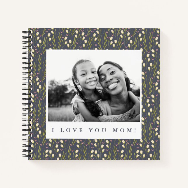 Love Mom Navy Floral Script Photo Writing Notebook (Front)