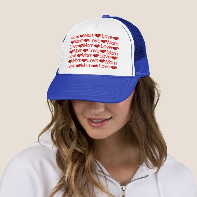 Love Mom Red Hearts Trucker Hat (In Situ)