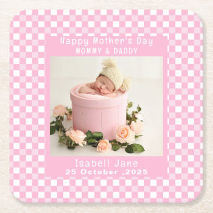  Love Mom Simple Elegant girly White & pink photo Square Paper Coaster