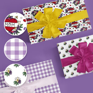 Love Mom Tattoo Style Heart Pattern Mother's Day Wrapping Paper Sheet