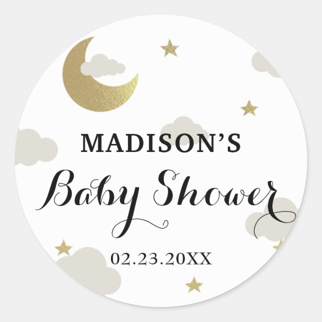 Love Moon and Back Glitter Star Clouds Baby Shower Classic Round Sticker (Front)