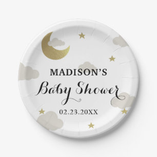 Love Moon and Back Glitter Star Clouds Baby Shower Paper Plate