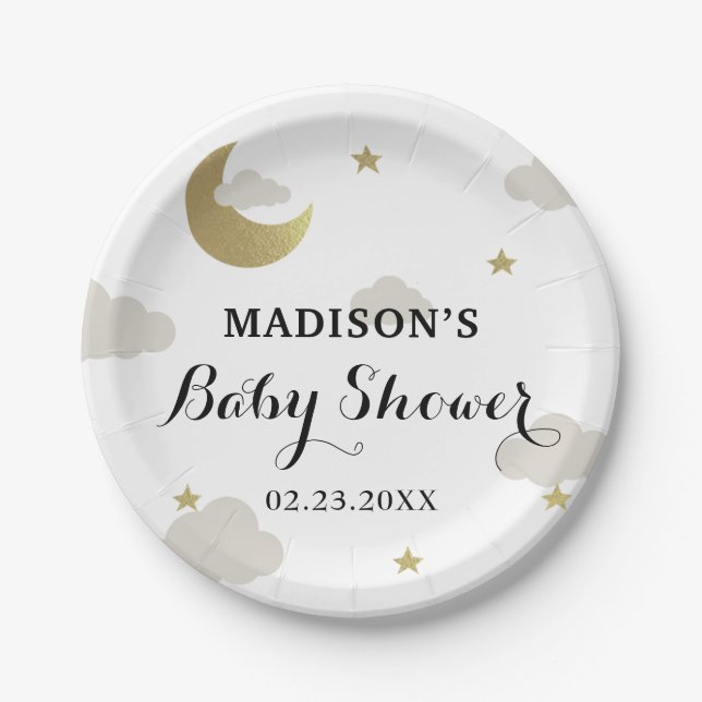 Love Moon and Back Glitter Star Clouds Baby Shower Paper Plate (Front)