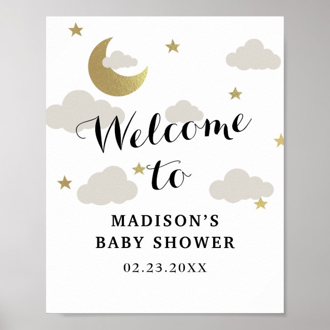 Love Moon and Back Star Clouds Baby Shower Welcome Poster (Front)