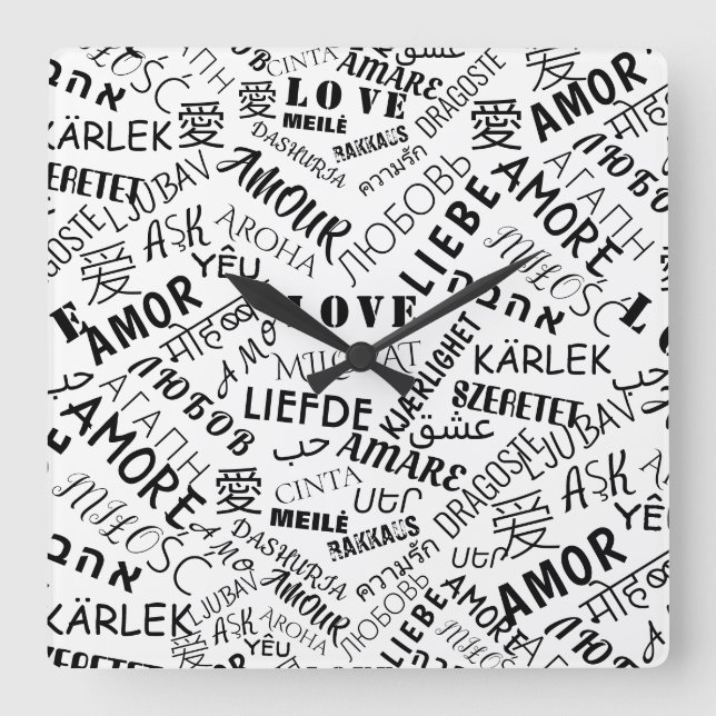 LOVE - Multi Language - Customizable International Square Wall Clock (Front)