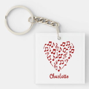 Love Music Heart of Red Music Notes with Name Keychain
