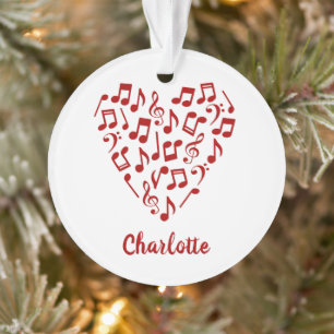 Love Music Heart of Red Music Notes with Name Ornament