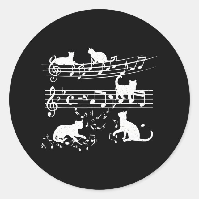Love Music Piano Cat Playing On Musical Notes Classic Round Sticker (Front)