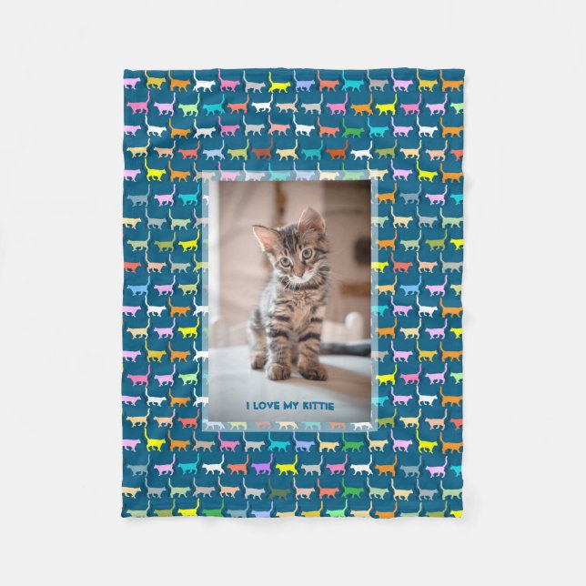 Love My Kitty Your Custom Photo Cat Print Teal Fleece Blanket (Front)