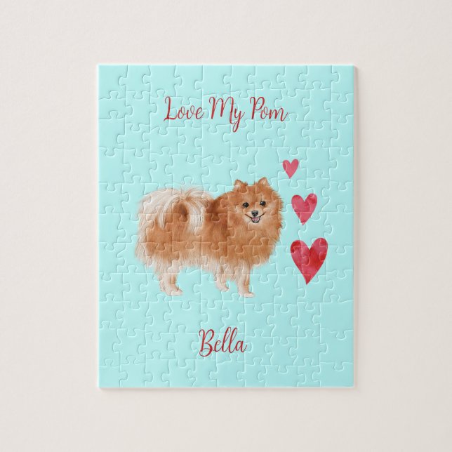 Love My Pom Pomeranian Dog Custom Pet Name Jigsaw Puzzle (Vertical)