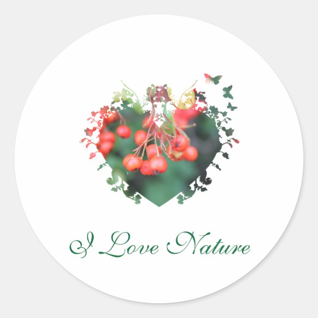 love nature,red berries,green,heart shape frame classic round sticker (Front)