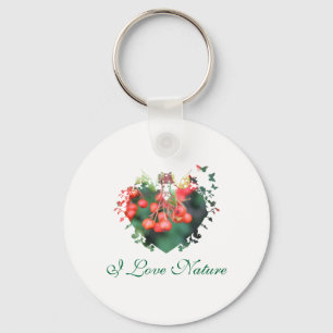 love nature,red berries,green,heart shape frame keychain