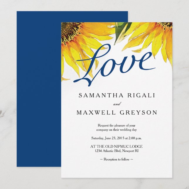 Love Navy Blue & Sunflower Summer Wedding Invitation (Front/Back)