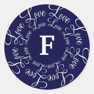Love Navy Blue White Monogram F-Customize Classic Round Sticker