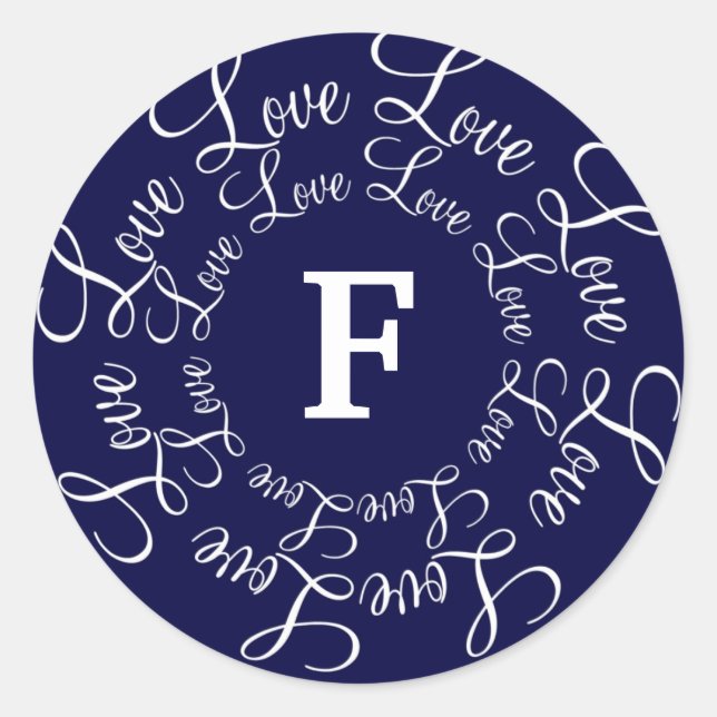 Love Navy Blue White Monogram F-Customize Classic Round Sticker (Front)