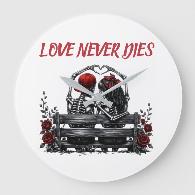 Love Never Dies – Gothic Skeleton Couple Forever  Large Clock (Front)