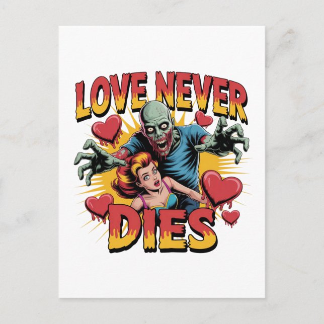 Love Never Dies – Retro Zombie Horror Pin-Up Holiday Postcard (Front)