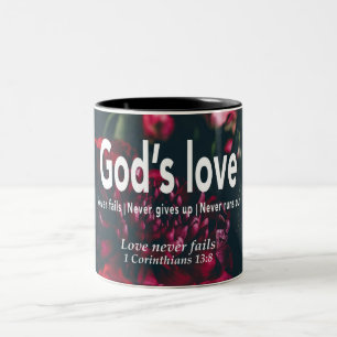 LOVE NEVER FAILS   1 Cor 13:8   Personalized Two-Tone Coffee Mug