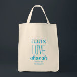 LOVE NEVER FAILS Ahavah אהבה Scripture Customized Tote Bag<br><div class="desc">Simple, elegant tote bag with the word LOVE written in English and Hebrew, plus placeholder Scripture verse. All text is customizable, so you can personalize by, for example, replacing the Scripture with your name or favourite message. Ideal gift for Hanukkah, Christmas, Mother's Day, Father's Day, Christian, Messianic Jews, for any...</div>