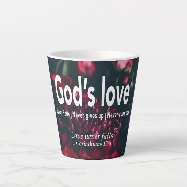 LOVE NEVER FAILS Christian Floral Personalized Latte Mug (Front)