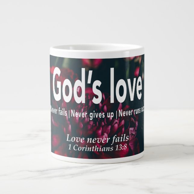 LOVE NEVER FAILS Christian Personalized Floral Large Coffee Mug (Front)