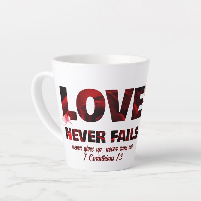 LOVE NEVER FAILS Christian Photo Latte Mug (Left Angle)