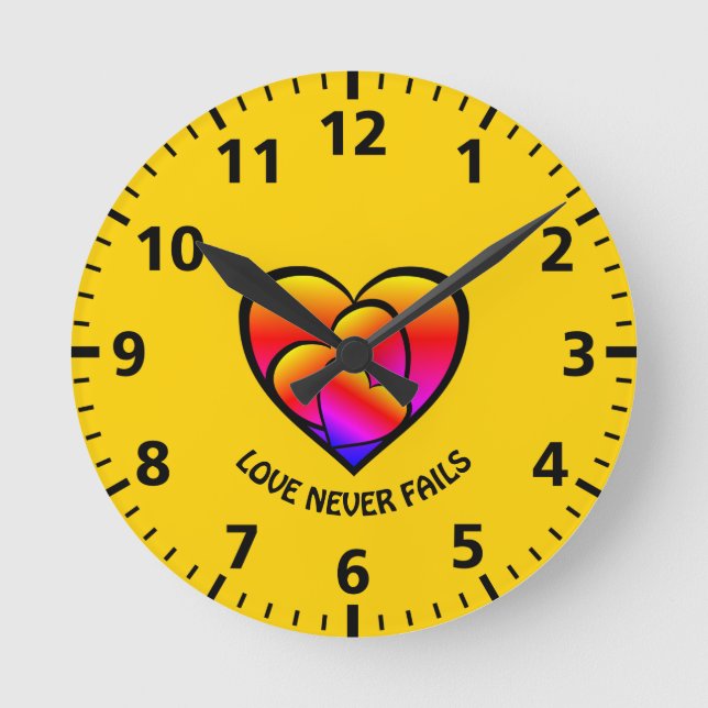 LOVE NEVER FAILS Custom Colourful Hearts Round Clock (Front)